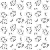 Seamless black and white pattern with puzzles and abstract elements. Vector endless texture in doodle style.