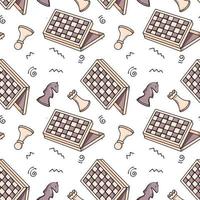 Chess seamless pattern with board and figures. Vector hand drawn illustration. Board games texture