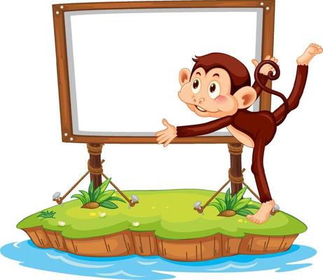 Dancing monkey with blank board on white background