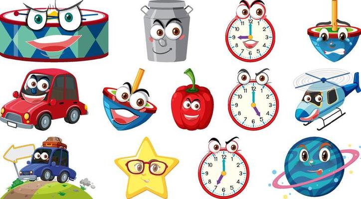 Set of different toy objects with smiley faces