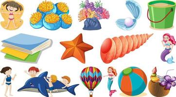 Set of summer beach objects and cartoon characters vector