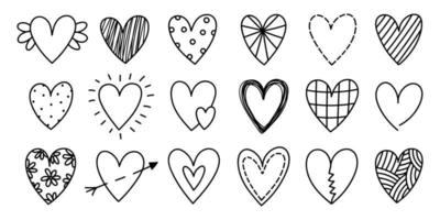 Set of cute doodle hearts for Valentine's Day isolated on white background. Vector hand-drawn illustration. Perfect for holiday designs, cards, invitations, decorations. Romantic clipart collection.