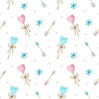 Valentine's day watercolor seamless pattern. Blue and pink heart shaped lollipops, arrows, flowers and confetti. Delicate festive design. Perfect for wrapping paper, greeting cards, covers, textile. vector