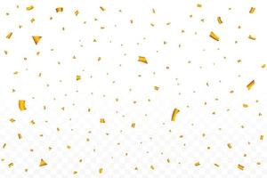 Golden party tinsel and confetti falling. Anniversary celebration. Gold color confetti falling isolated on transparent background. Carnival elements. Confetti vector for festival background.