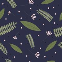 Vector seamless pattern with green fern leaves and pink flowers on grey background.