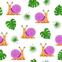 Snail seamless pattern with monstera and palm leaves. Illustration for printing, backgrounds, covers, packaging, greeting cards, textile and seasonal design. Isolated on white background. vector