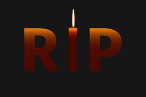 RIP text - rest in peace - with burning candle as i, vector illustration on death and funeral theme, with dark background.