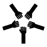 Five hands Group arms Many hands connecting Open palms People putting their hands together Stack hands concept unity icon black color vector illustration flat style image