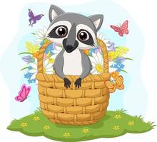 Cartoon funny raccoon in the basket vector