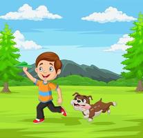 Happy boy playing paper airplane with his pet in the park vector