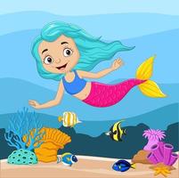 Cartoon little mermaid in the underwater background vector