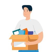 young man and box with books on white background vector