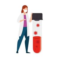 doctor female and tube test with particles covid 19 icon vector