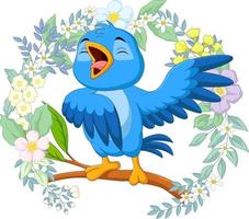 Cartoon blue bird singing on tree branch vector