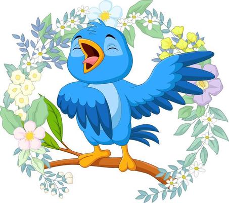 Cartoon blue bird singing on tree branch