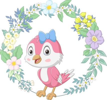 Cute happy bird pink with floral wreath