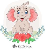 elefante lindo de dibujos animados sentado con fondo de flores vector