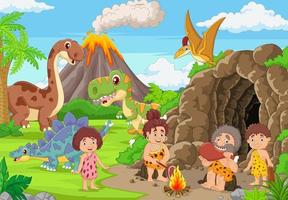 grupo de hombres de las cavernas de dibujos animados y dinosaurios en el bosque vector