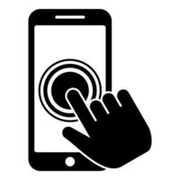 Click on touch screen smartphone Modern smartsphone with hand clicking on screen Finger click on mobile phone Action in apps cellphone Using telephone icon black color vector illustration flat style