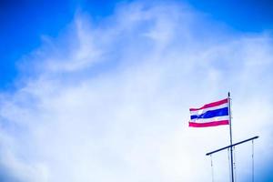 National Thailand flag hang on top pole over clear blue sky background. Symbol of Thailand blow in wind. photo