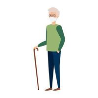 old man with walking stick using face mask isolated icon vector