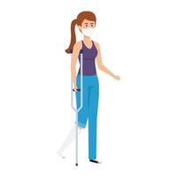 woman with crutch using face mask vector