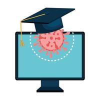 education online by computer with hat graduation and particle covid 19 vector