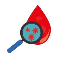 drop of blood with particles covid 19 and magnifying glass vector