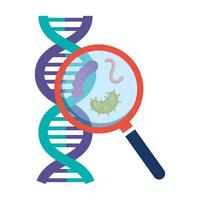 magnifying glass with particle covid 19 and dna structure vector