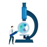 doctor with microscope and particles covid 19 vector