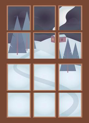 Window on white. Vector nature landscape. Snow Christmas background. Winter background night sky. Looking through the window