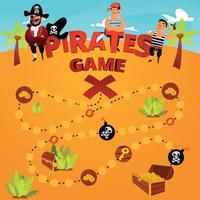 Pirates board game design Sand beach with palm trees coins dead man chest Party games for children and friends Funny pirates character vector