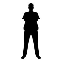 Man standing with hands crossed Dentist surgeon in medical clothes with folded hands on his chest Concept of the end of surgery operation Front view icon black color vector illustration flat style