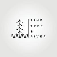 línea arte naturaleza logo vector aventura ilustración diseño, pino y río