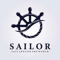Diseño de ilustración de vector de logotipo de verano náutico de dirección de barco marinero con ancla de cuerda