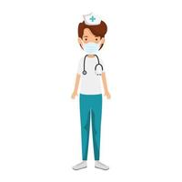 nurse professional using face mask with stethoscope vector