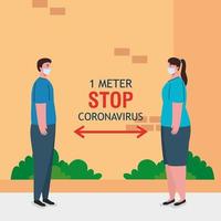 social distancing, stop coronavirus one meter distance, keep distance in public society to people protect from covid 19, couple wearing medical mask against coronavirus vector