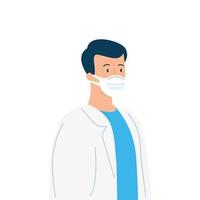 masculine doctor using medical protective mask against covid 19 on white background vector