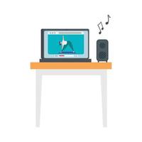 woman stretching movements to flex stiff muscles and refresh the mind on line, in laptop vector