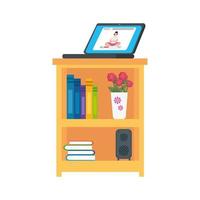 laptop device with application yoga online, healthy lifestyle on wooden drawer vector