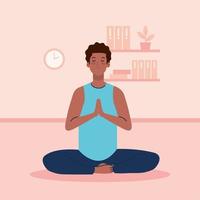 quédate en casa, mantente a salvo, hombre afro meditando, meditación de yoga relajada, durante el coronavirus covid 19, quédate en casa en cuarentena, ten cuidado vector