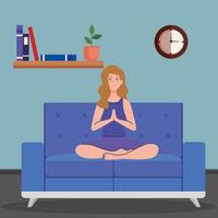 stay home, be safe, woman meditating in the living room, sitting in couch, during coronavirus covid 19, stay at home quarantine, be careful vector