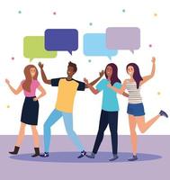 happy characters, young women with man talking, friendship excitement, cheerful laughing from happiness, with speech bubbles vector