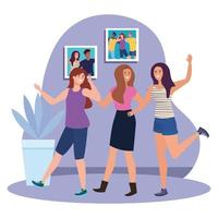 happy characters, young women group, friendship excitement, cheerful laughing from happiness in the indoor house vector