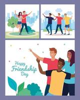 set scenes of happy characters, young people, friendship excitement, cheerful laughing from happiness vector