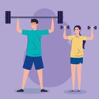 sport, couple with weights, heavy equipment, sport and leisure vector