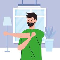 exercise at home, man performing stretching, using the house as a gym vector