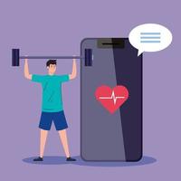 aplicación de fitness, entrenamiento y entrenamiento, hombre practicando deporte en smartphone, deporte en línea vector