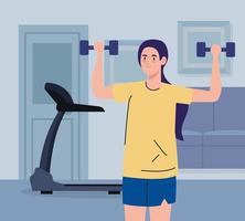 exercise at home, woman practicing sport, using the house as a gym vector