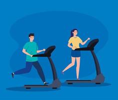 deporte, pareja corriendo en cintas de correr, deportistas en las máquinas de entrenamiento eléctrico vector